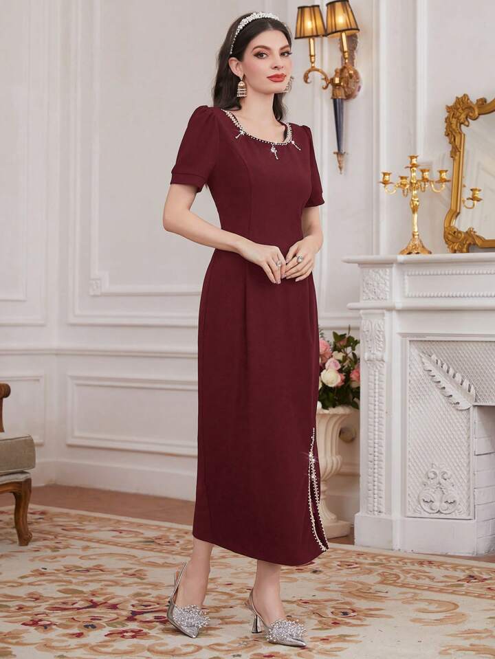 CM-DS510354 Women Elegant Seoul Style Rhinestone Stud Embellished Split Hem Maxi Dress