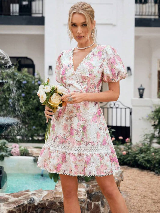 CM-DS571115 Women Trendy Bohemian Style Hollow Out Embroidered Floral Lace Patchwork Puff Sleeve Dress