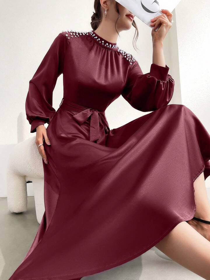 CM-DS111191 Women Elegant SeouL Style Stand Collar Faux Pearl Decor Lantern Sleeve Long Dress