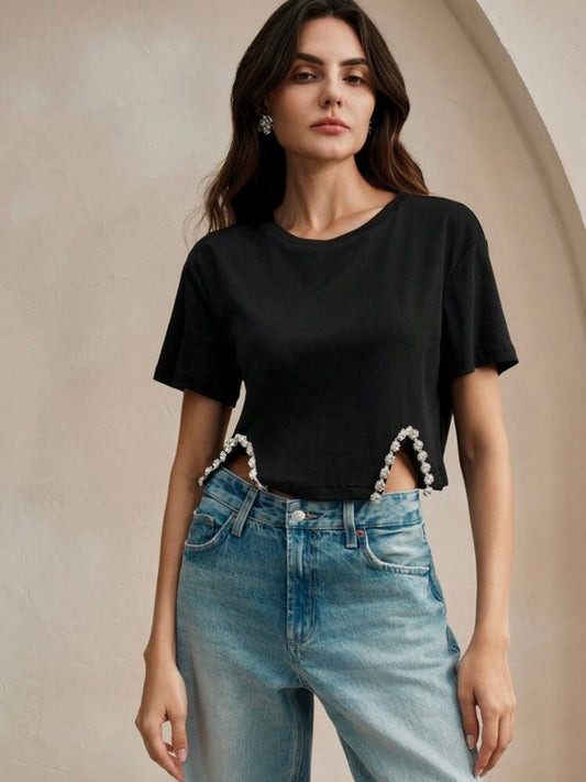 CM-TS937179 Women Elegant Seoul Style Round Neck Short Sleeve Diamond Decoration T-Shirt - Black