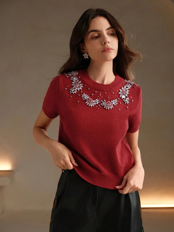 CM-TS049571 Women Casual Seoul Style Round Neck Short Sleeve Embroidered Rhinestone Embellished Knit Top - Red
