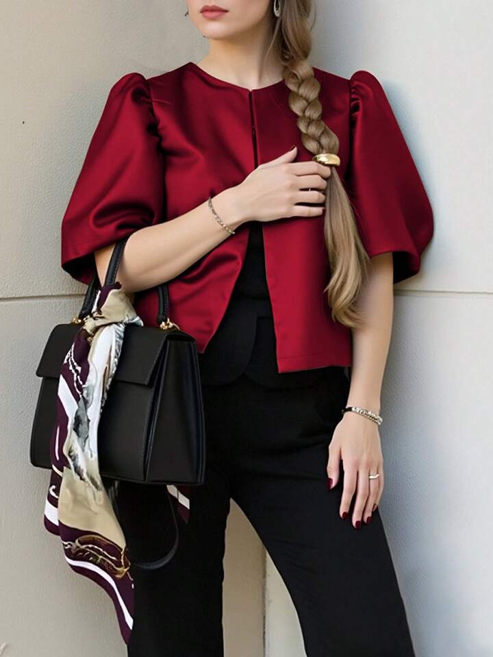 CM-TS466777 Women Elegant Seoul Style Solid Color Round Neck Puff Sleeve Shirt - Red