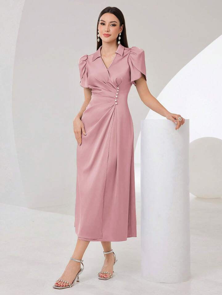 CM-DS447973 Women Elegant Seoul Style Lapel Collar Long Puff Sleeve Ruched A-Line Dress - Pink