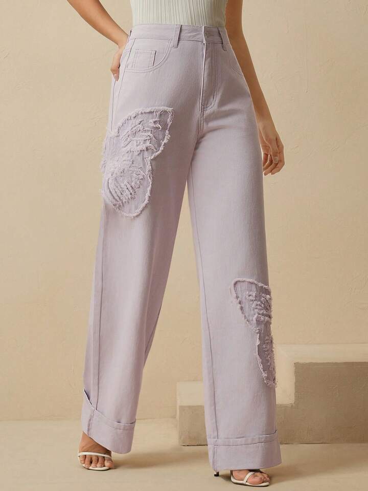 CM-BS337353 Women Casual Seoul Style Mid Waist Embroidered Straight Leg Jeans - Purple