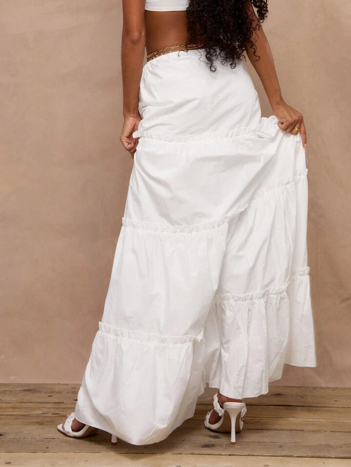 CM-BS298196 Women Trendy Bohemian Style Tiered Floaty Tie Waist Maxi Skirt - White