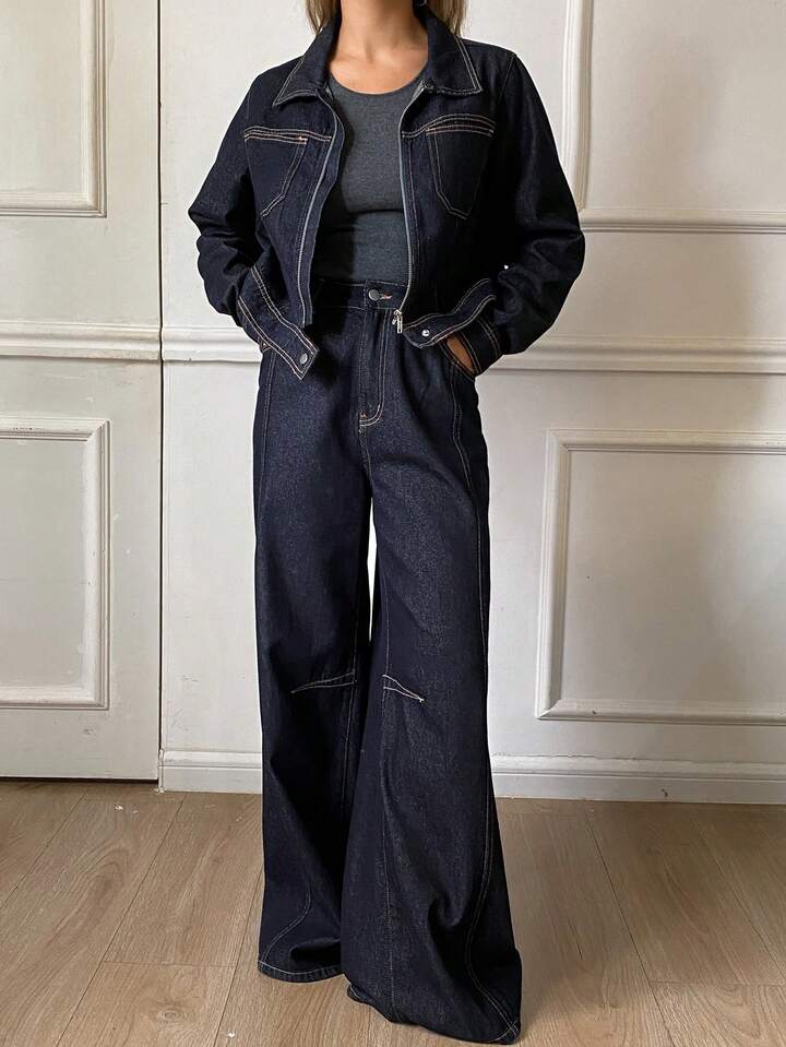 CM-SS534015 Women Elegant Seoul Style Collared Long Sleeve Jacket With Loose Fit Jeans - Set