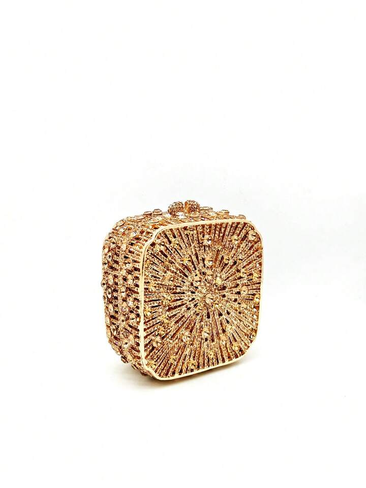 CM-BGS037116 Women Elegant Seoul Style Mini Square Box Rhinestone Clutch Purse - Gold