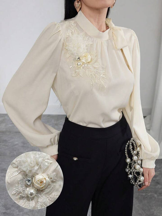 CM-TS625563 Women Casual Seoul Style Satin Applique Tie Shoulder Long Sleeve Blouse - Apricot