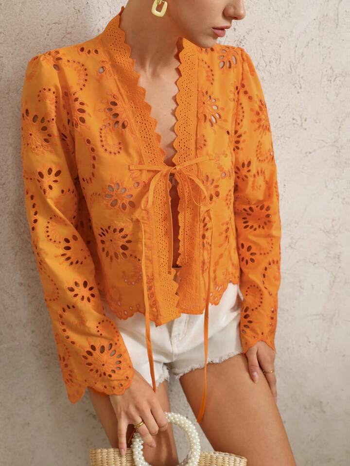 CM-TS187735 Women Trendy Bohemian Style Bowknot Tie Frayed Hem Embroidered Loose Long Sleeve Blouse - Orange