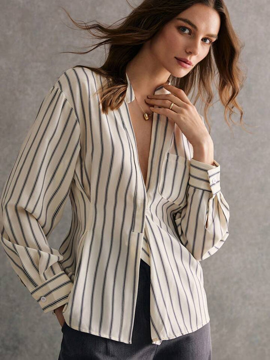 CM-TS659443 Women Casual Seoul Style Striped ShirtV-Neck Long-Sleeved Mid-Length Shirt - Apricot