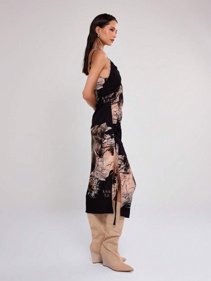 CM-DS409556 Women Casual Seoul Style Mesh Ruched Strappy Sleeveless Midi Dress