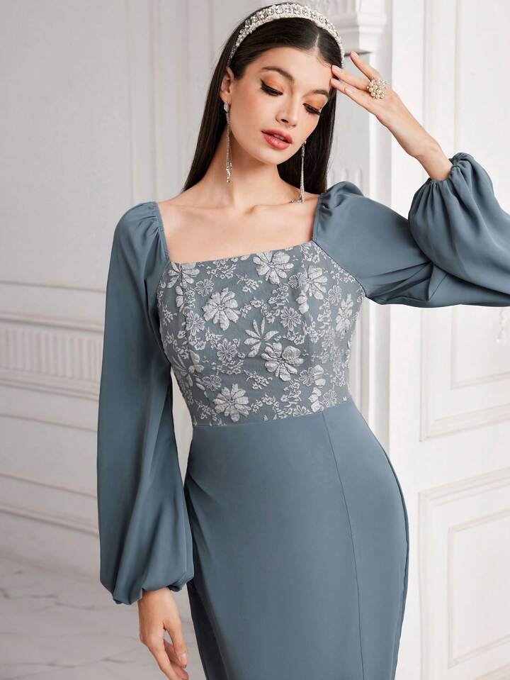 CM-DS952331 Women Casual Seoul Style Jacquard Patchwork Split Hem Lantern Sleeve Dress