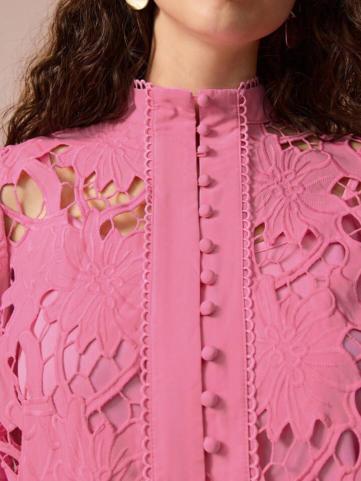 CM-TS490679 Women Elegant Seoul Style Embroidered Cutout Patchwork Stand Collar Button Front Shirt