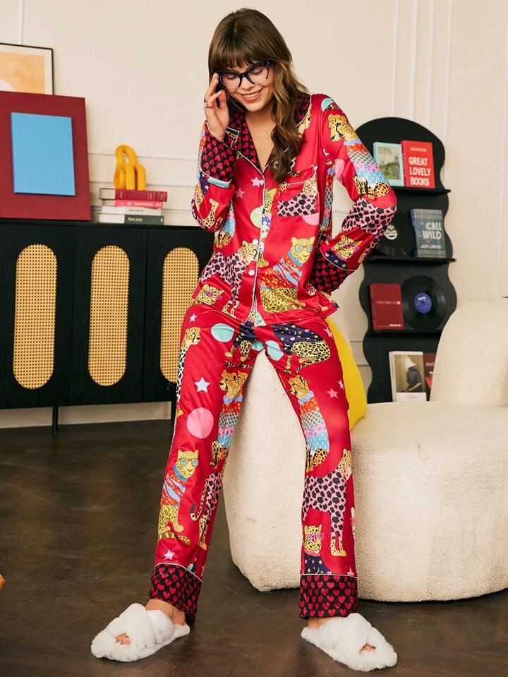 CM-LS590917 Women Trendy Seoul Style Printed Long Sleeve Button Up Top With Pants Pajama Set - Burgundy