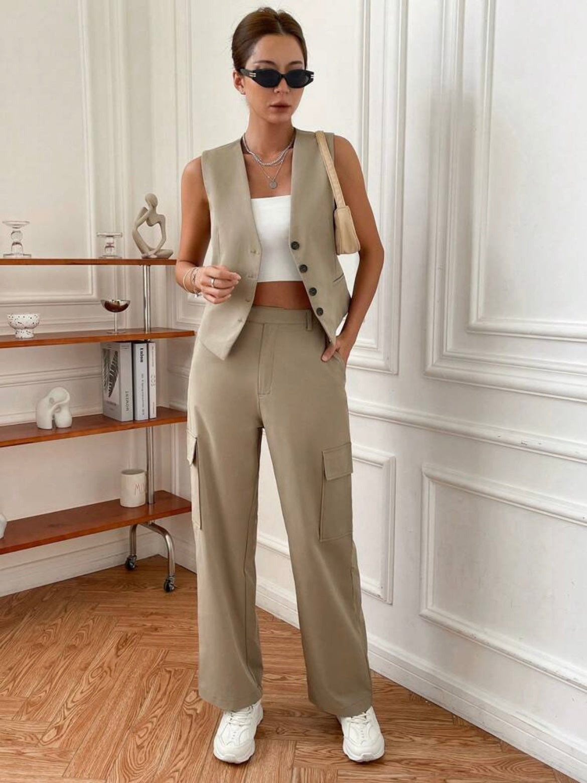 CM-SS906696 Women Elegant Seoul Style V-Neck Sleeveless Vest With Pocket Design Pants - Khaki