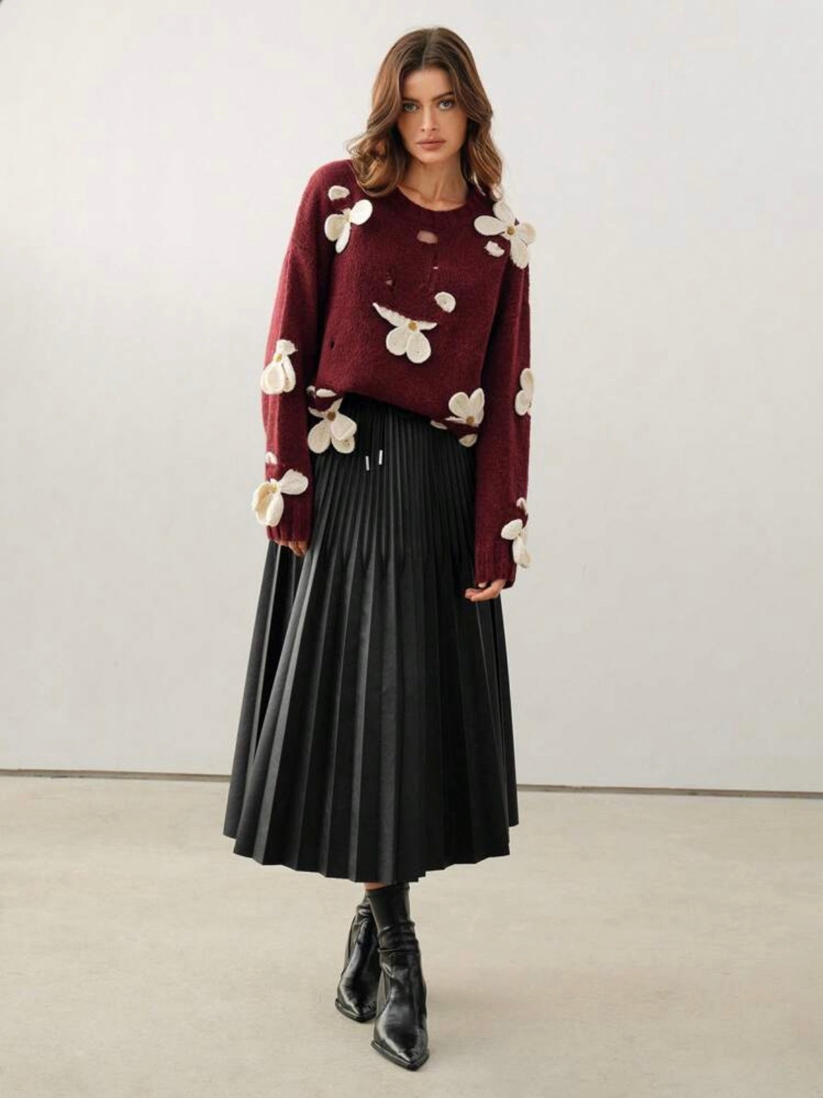 CM-CS771282 Women Casual Seoul Style Round Neck Crochet 3D Floral Long Sleeve Knitted Sweater