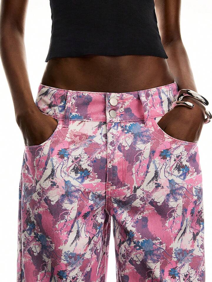 CM-BS369754 Women Casual Seoul Style Low Waist Multicolor All-Over Print Straight Leg Jeans