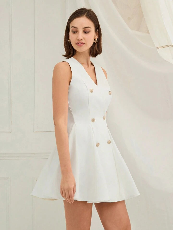 CM-DS800859 Women Elegant Seoul Style V-Neck Front Button Sleeveless A-Line Mini Dress - White
