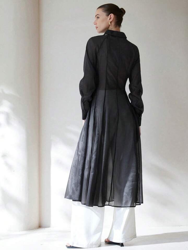CM-TS697247 Women Casual Seoul Style Translucent Textured V-Neck Long Sleeve Gathered Waist Shirtdress - Black