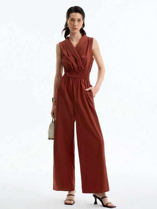 CM-JS094129 Women Trendy Bohemian Style V-Neck Sleeveless Lapel Waist Cinched Straight Leg Jumpsuit