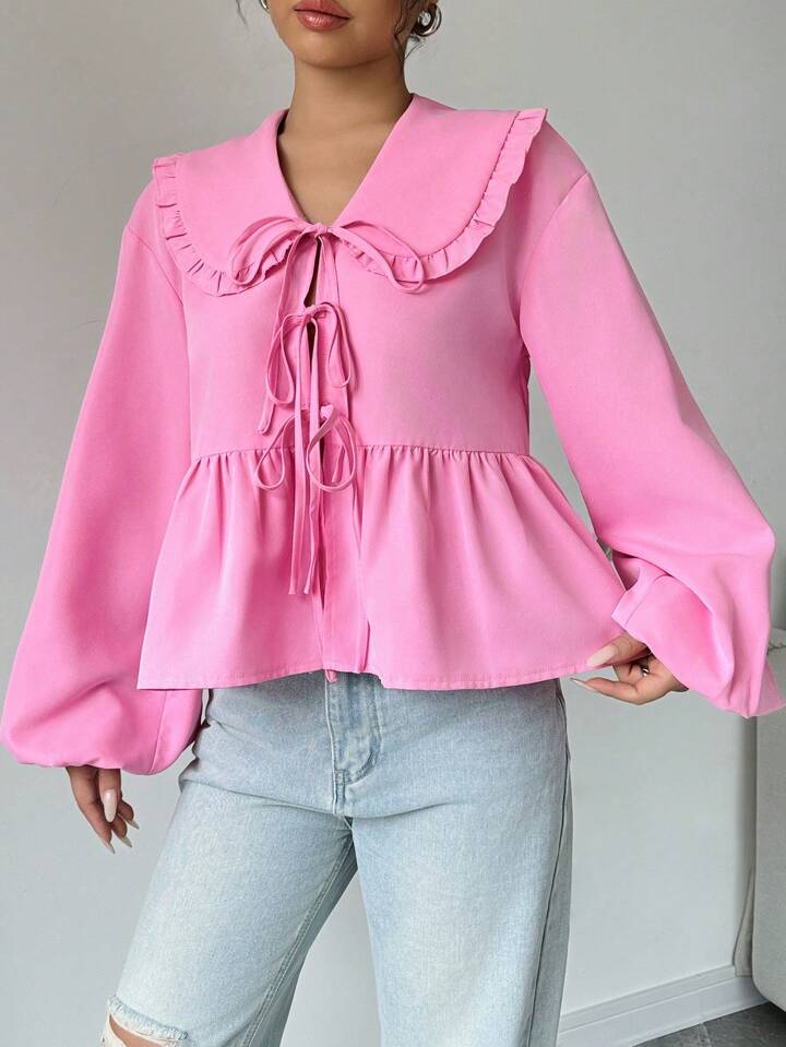 CM-TS126116 Women Trendy Bohemian Style Statement Collar Lantern Sleeve Knot Front Blouse