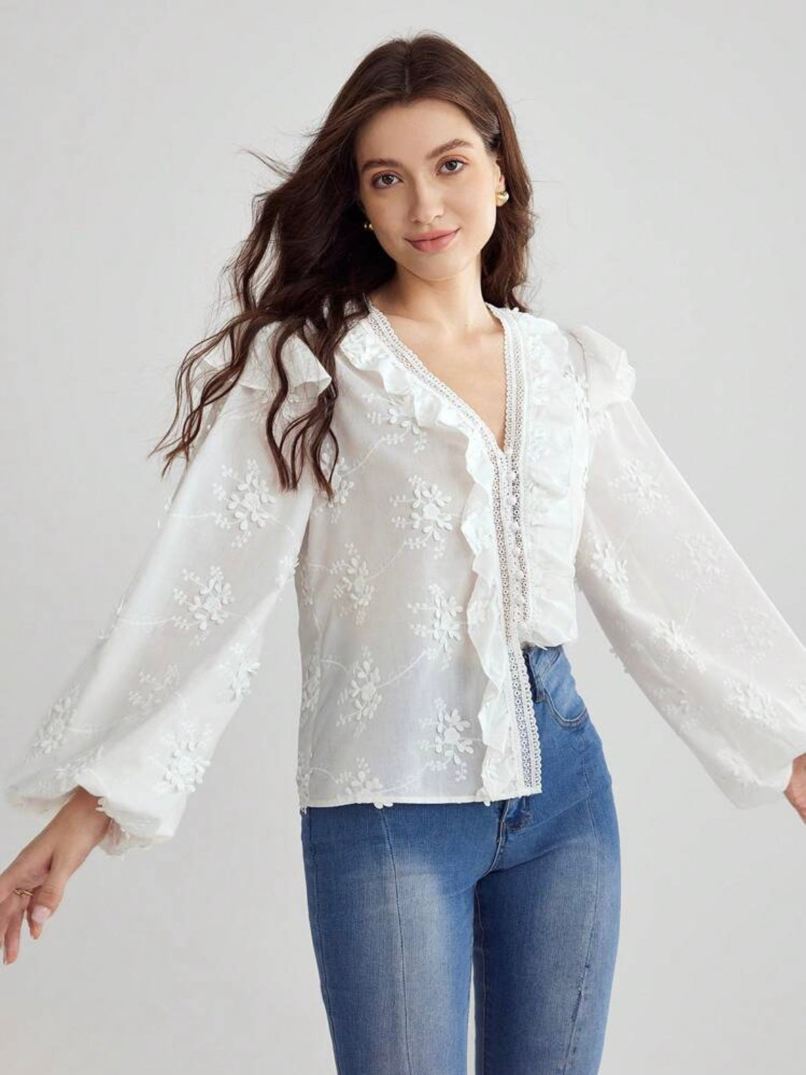 CM-TS756622 Women Elegant Seoul Style Floral Embroidery Lantern Sleeve Ruffled Hem Shirt