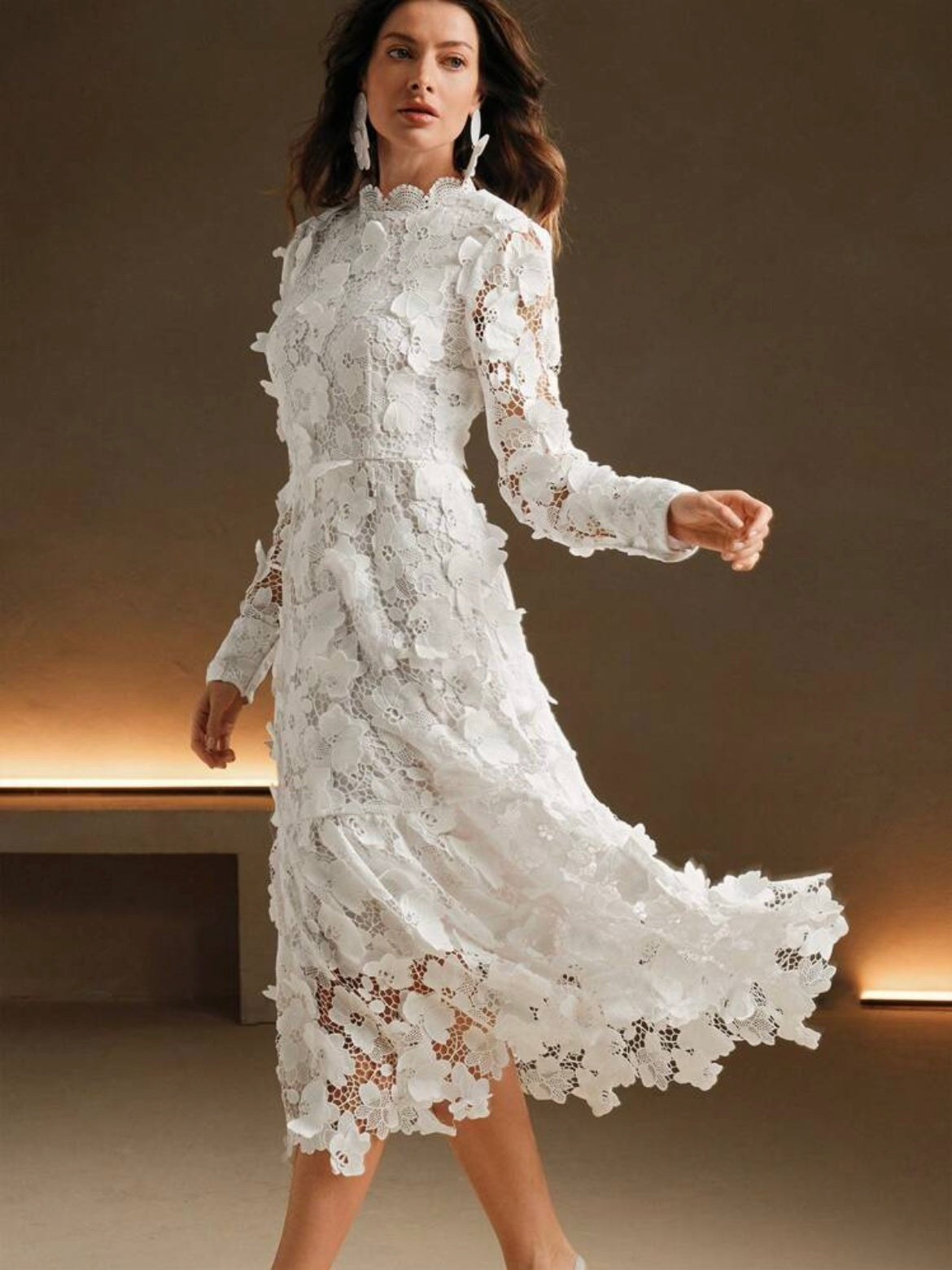 CM-DS243323 Women Elegant Seoul Style High Neck Long Sleeve Lace A-Line Formal Dress - White