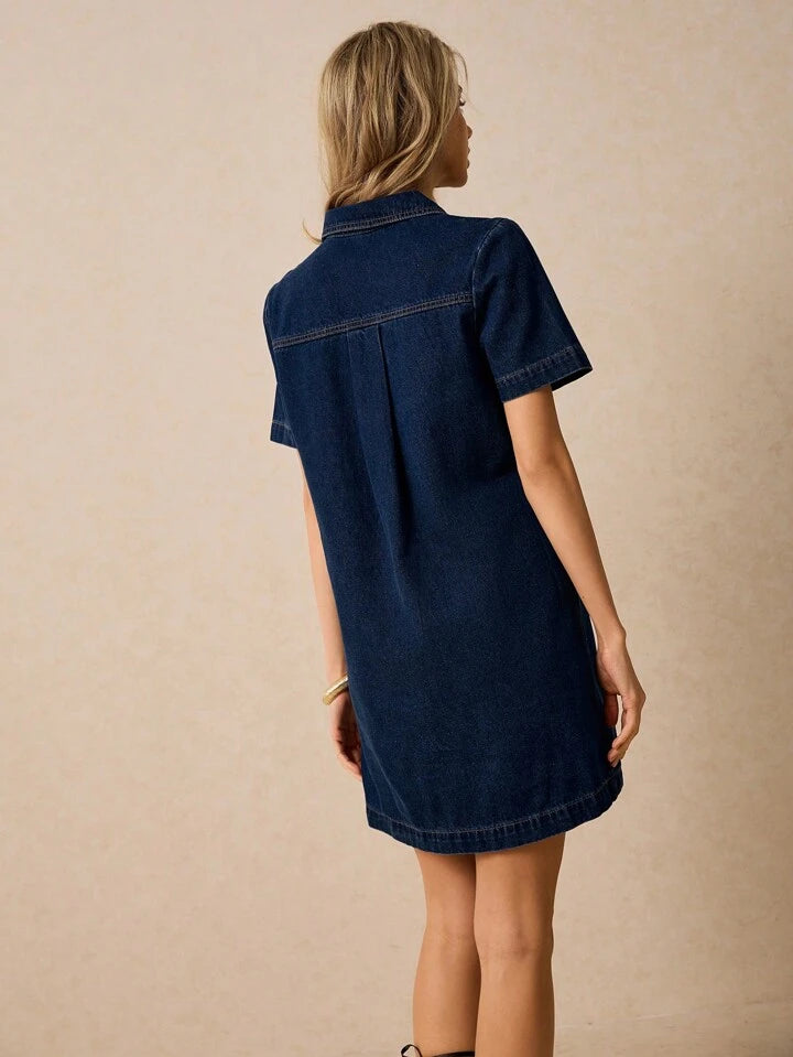 CM-DS777297 Women Casual Seoul Style Dark Wash Zipper Front Short Sleeves Shirt Collar Denim Dress