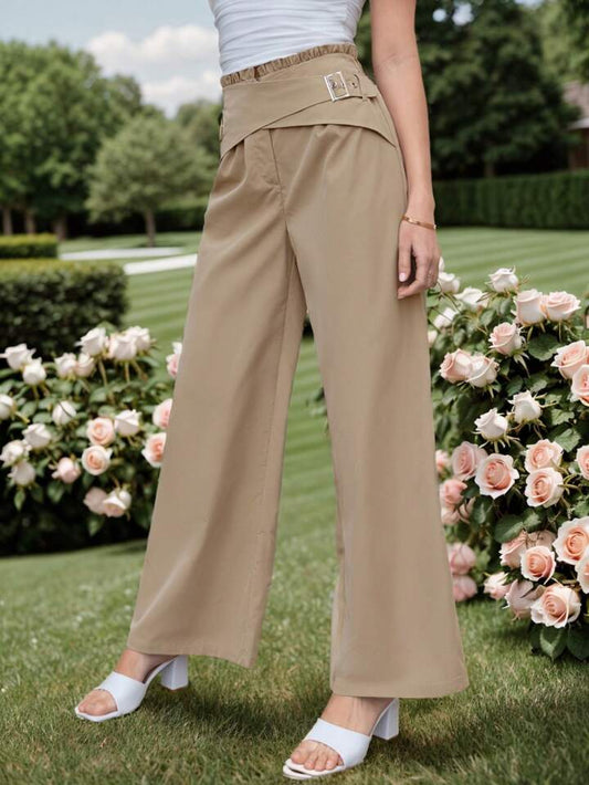 CM-BS766637 Women Elegant Seoul Style Criss Cross High Waistband Wide Leg Pants - Khaki
