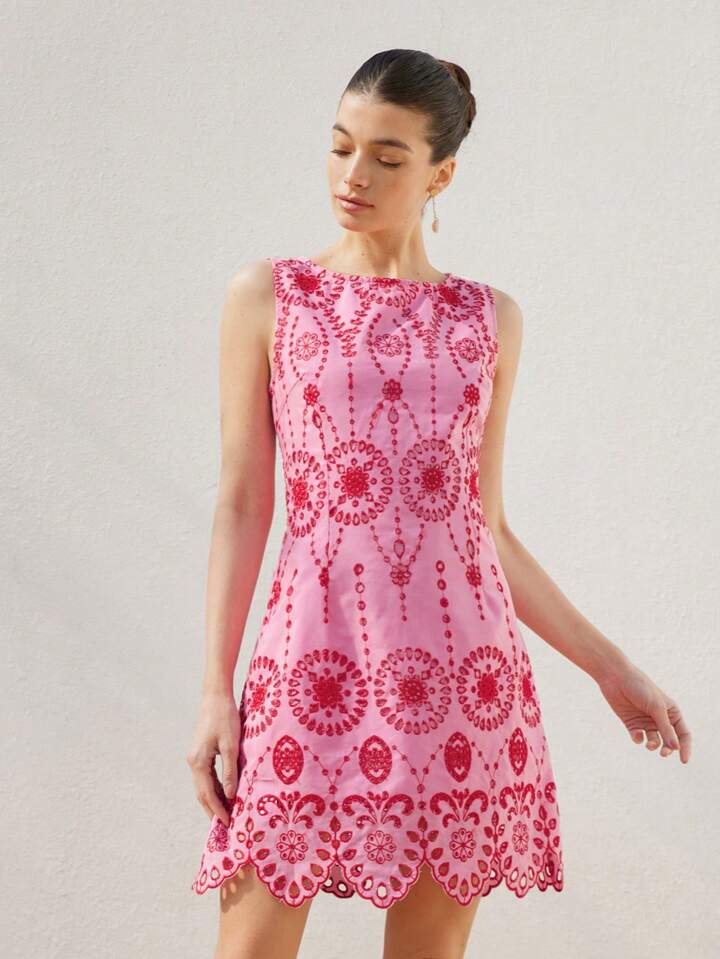 CM-DS519153 Women Trendy Bohemian Style Color-Block Hollow Out Embroidery Scalloped Hem Fitted Dress