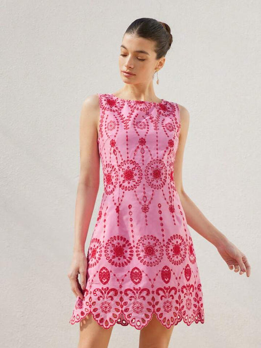 CM-DS519153 Women Trendy Bohemian Style Color-Block Hollow Out Embroidery Scalloped Hem Fitted Dress