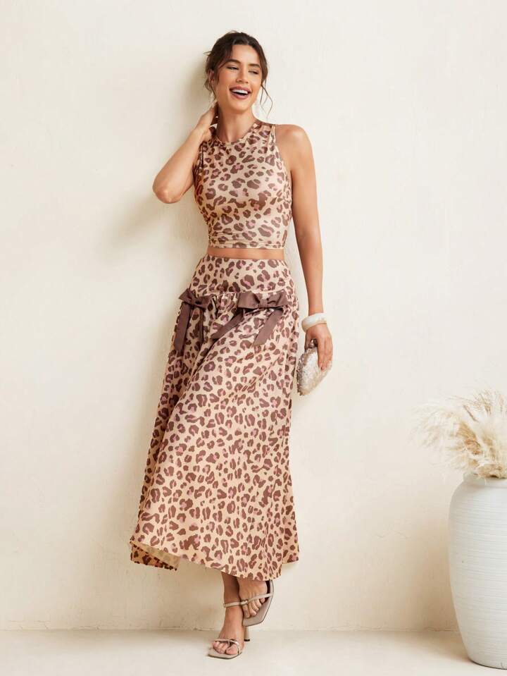 CM-BS390910 Women Elegant Seoul Style High Waist Leopard Print Bow Details Midi Skirt