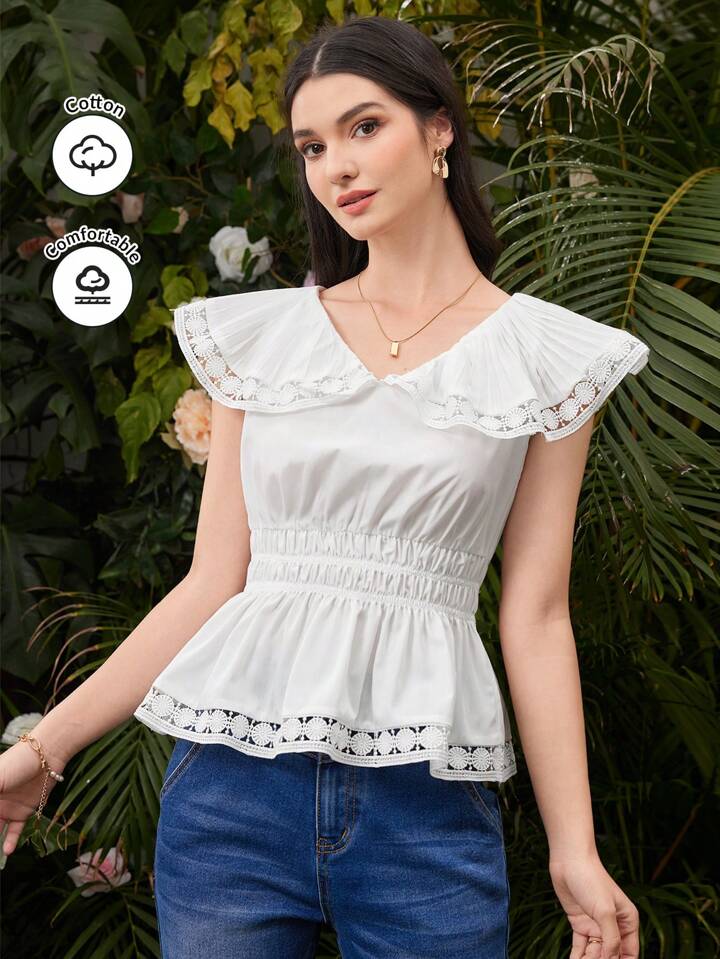 CM-TS505005 Women Casual Seoul Style Lace Patchwork Doll Collar Sleeveless Blouse - White