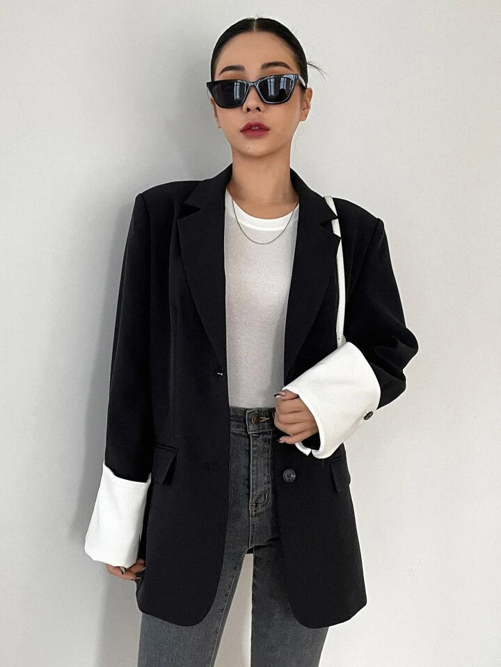 CM-CS876978 Women Casual Seoul Style Lapel Neckline Button Front Long Sleeve Blazer - Black