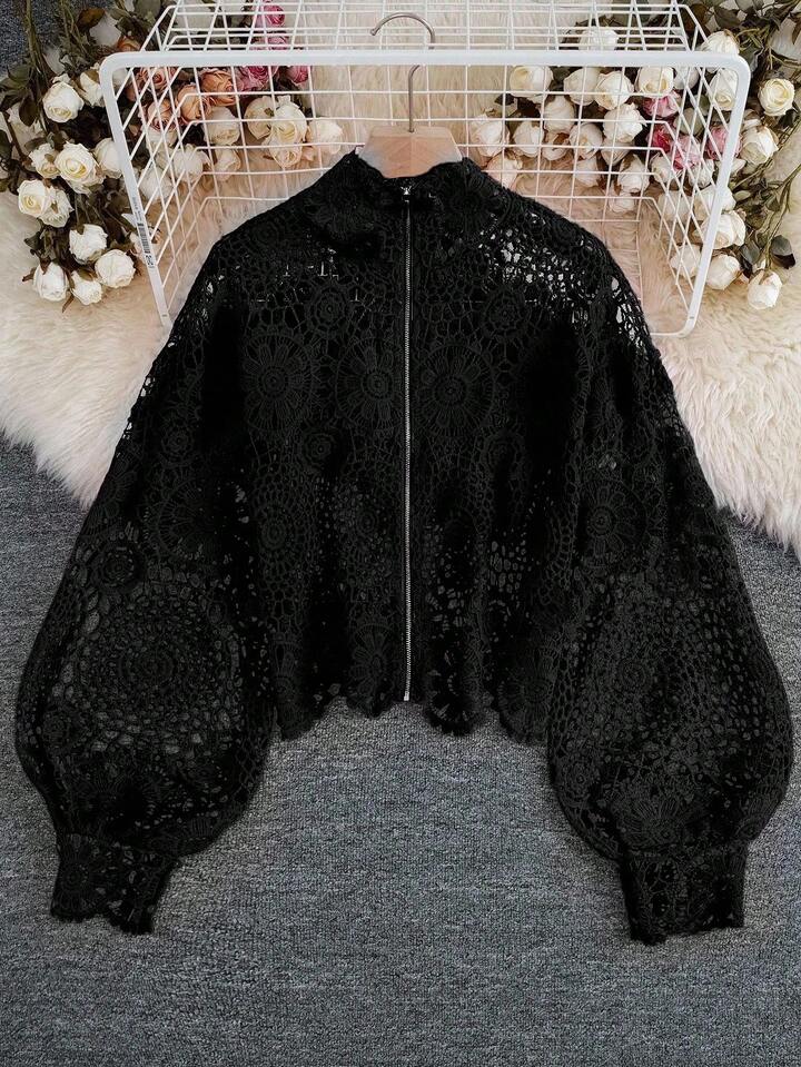 CM-TS020400 Women Casual Seoul Style Floral Lace Hollow Zipper Front Long Sleeve Blouse - Black