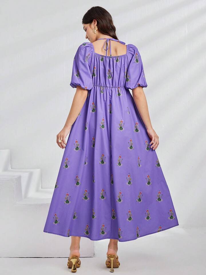 CM-DS444291 Women Casual Seoul Style Floral Print Short Puff Sleeve Long Dress - Purple