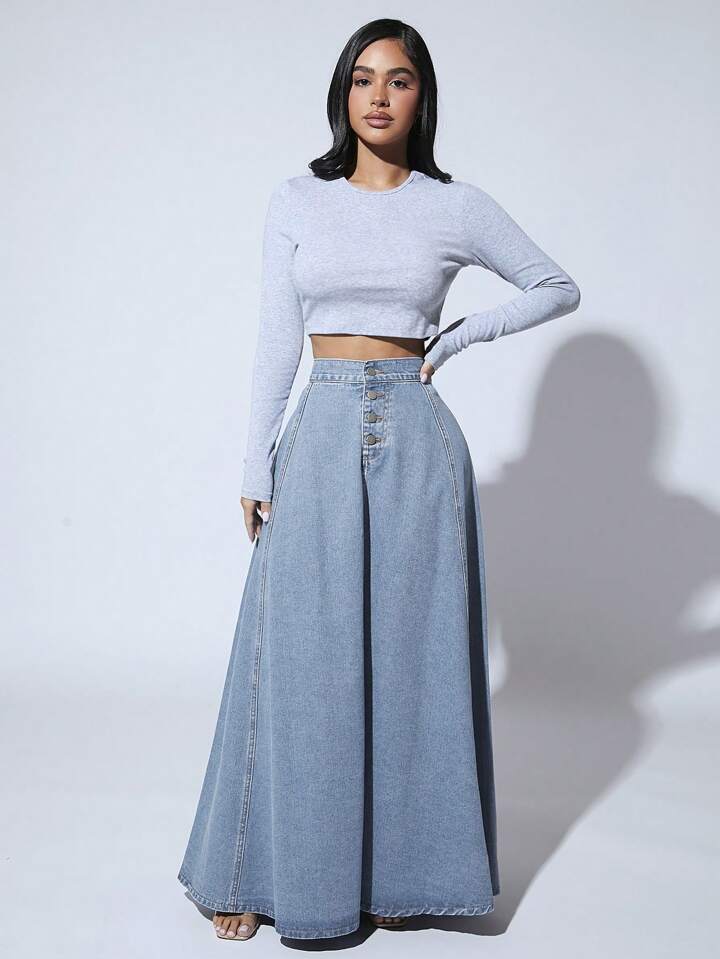 CM-BS877697 Women Casual Seoul Style Light Wash High Waist Button Front Extra Long Denim Skirt
