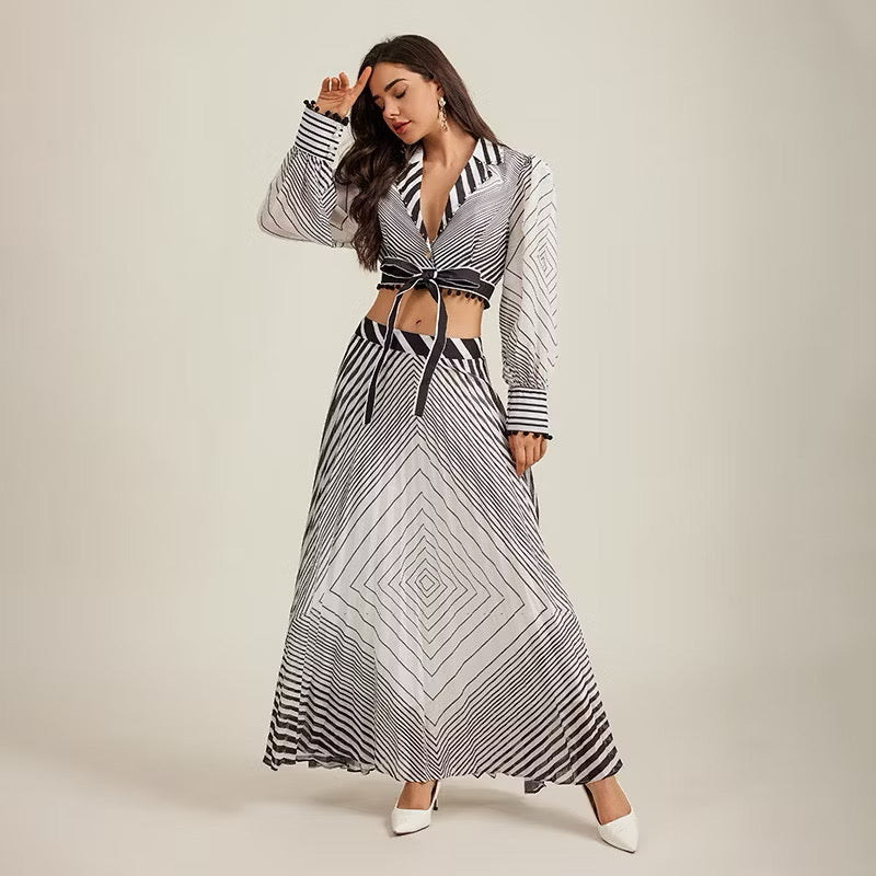 CM-SY010981 Women Elegant European Style Lapel Neckline Long Sleeve Crop Blouse With High Waist Long Skirt - Set