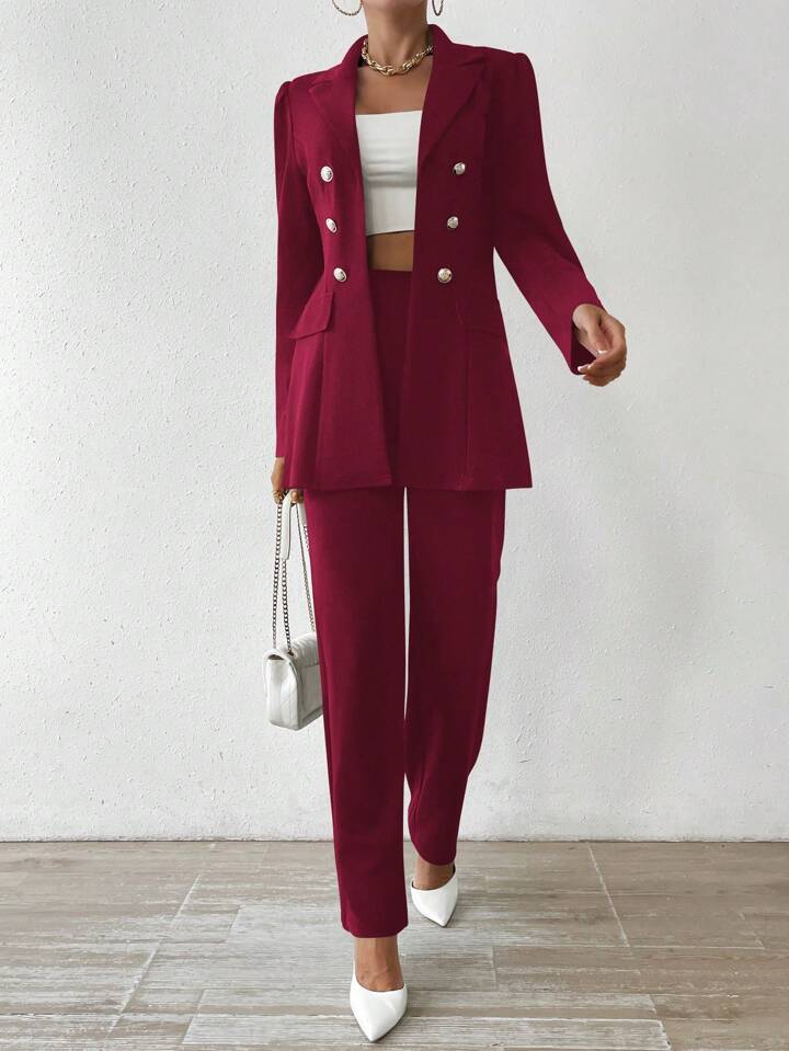 CM-SS205082 Women Elegant Seoul Style Lapel Double Button Suit Jacket With Trousers - Burgundy