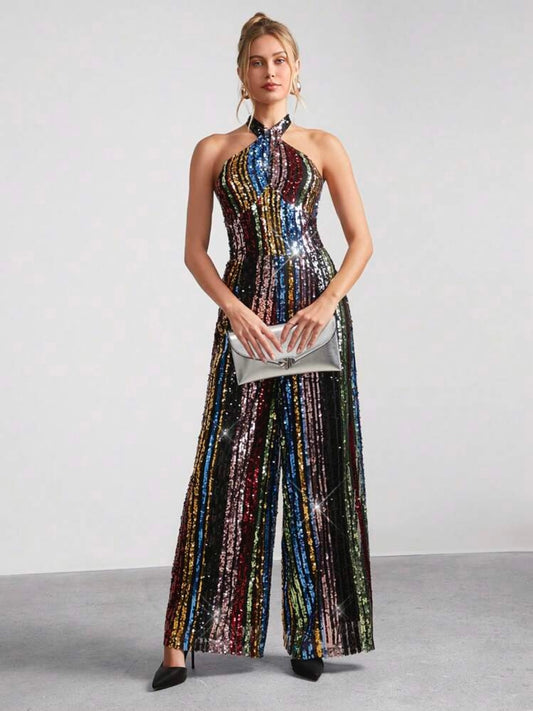CM-JS328277 Women Elegant Seoul Style Rainbow Sequin Decor Halter Neck High Waist Jumpsuit