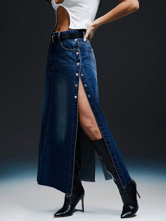 CM-BS662032 Women Casual Seoul Style Medium Wash High Side Slit Snap Button Maxi Skirt