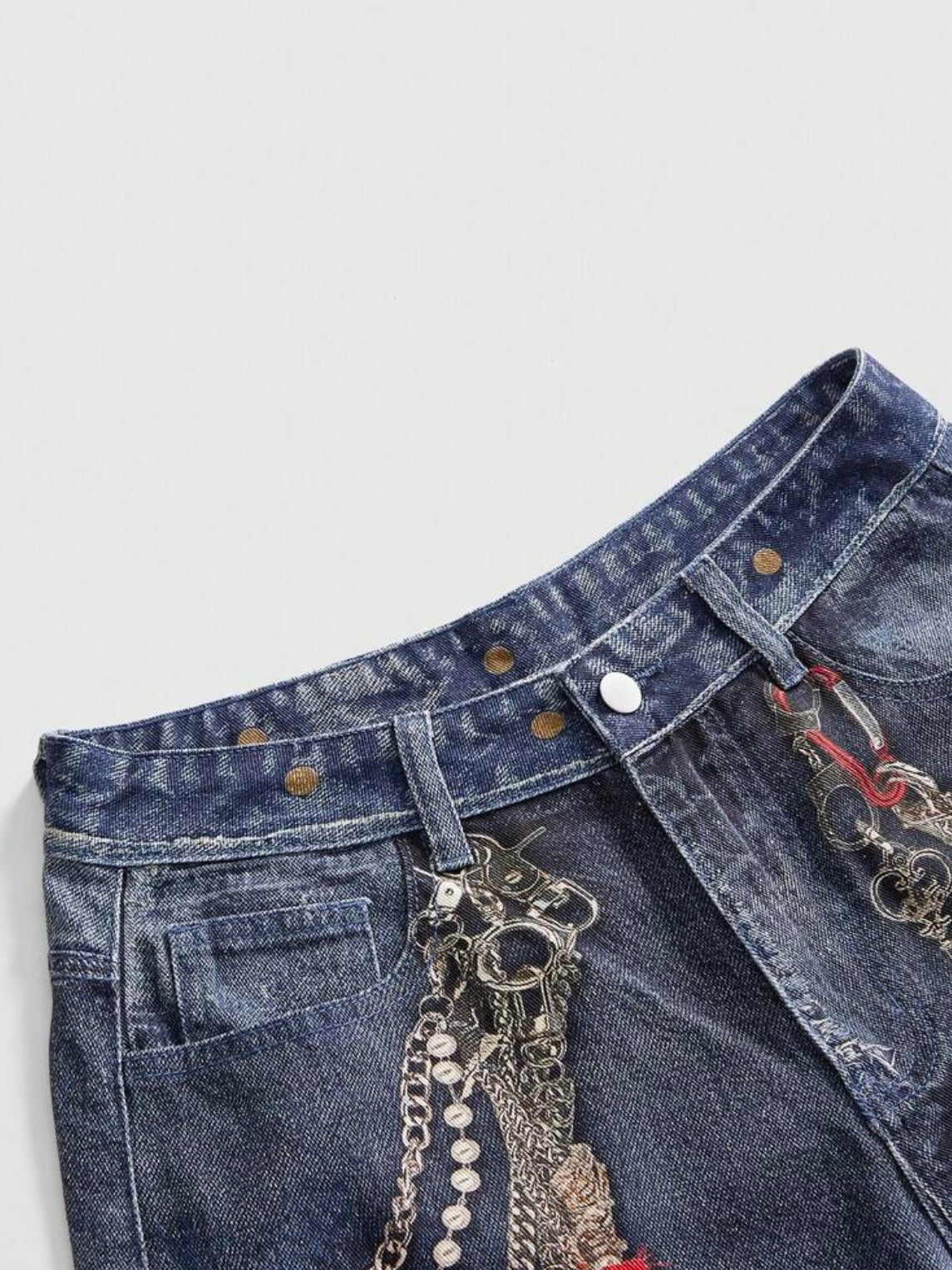 CM-BS535636 Women Casual Seoul Style Distressed Washed Chain Badge Print Wide Leg Jeans - Blue