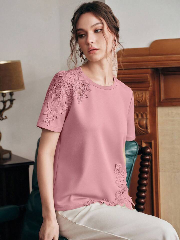 CM-TS182900 Women Elegant Seoul Style Round Neck Short Sleeve Lace Patchwork 3D Embroidered Floral Knit T-Shirt - Dusty Pink