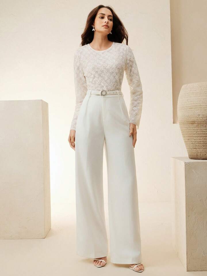CM-TS530144 Women Elegant Seoul Style Hollow-Out Lace Sequin Decor Long Sleeve Blouse - Apricot