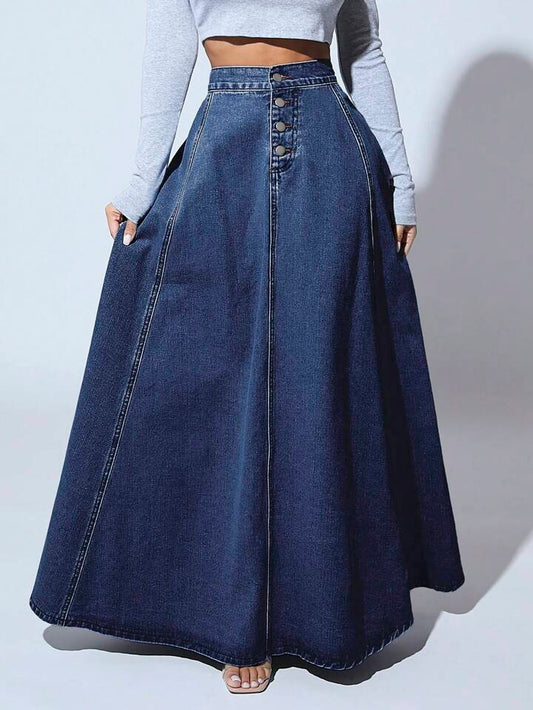 CM-BS705182 Women Casual Seoul Style Dark Wash High Waist Button Front Extra Long Denim Skirt