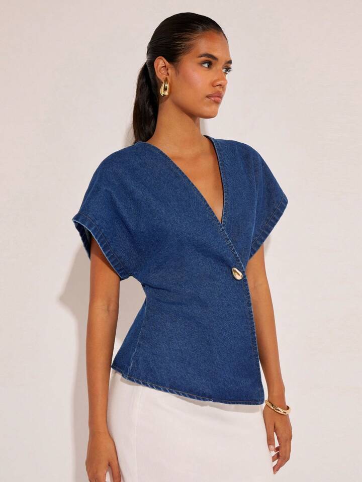 CM-TS555469 Women Casual Seoul Style Dark Wash Single-Button V-Neck Batwing Sleeve Denim Blouse