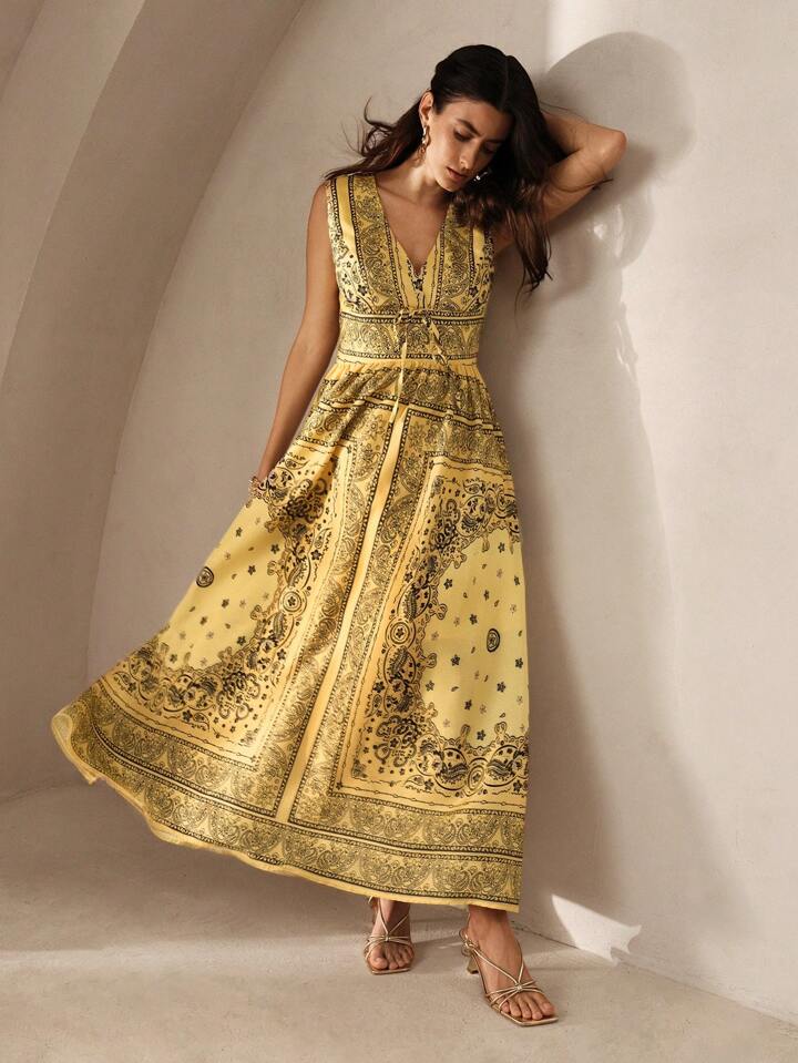 CM-DS360760 Women Trendy Bohemian Style Paisley Print Sleeveless Deep V-Neck Cinched Waist Maxi Dress