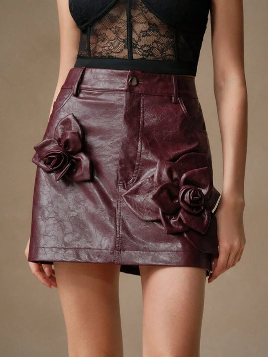 CM-BS212248 Women Casual Seoul Style 3D Floral Decor PU Leather Mini Skirt - Burgundy