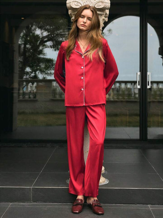 CM-LS953056 Women Trendy Seoul Style Solid Color Front Button Long Sleeve Pajamas Set - Red