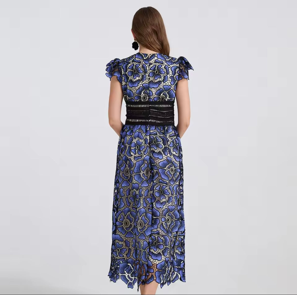 CM-DY042199 Women Elegant European Style Lace V-Neck Boat Sleeve Slim High Waist A-Line Dress (Available in 2 colors)
